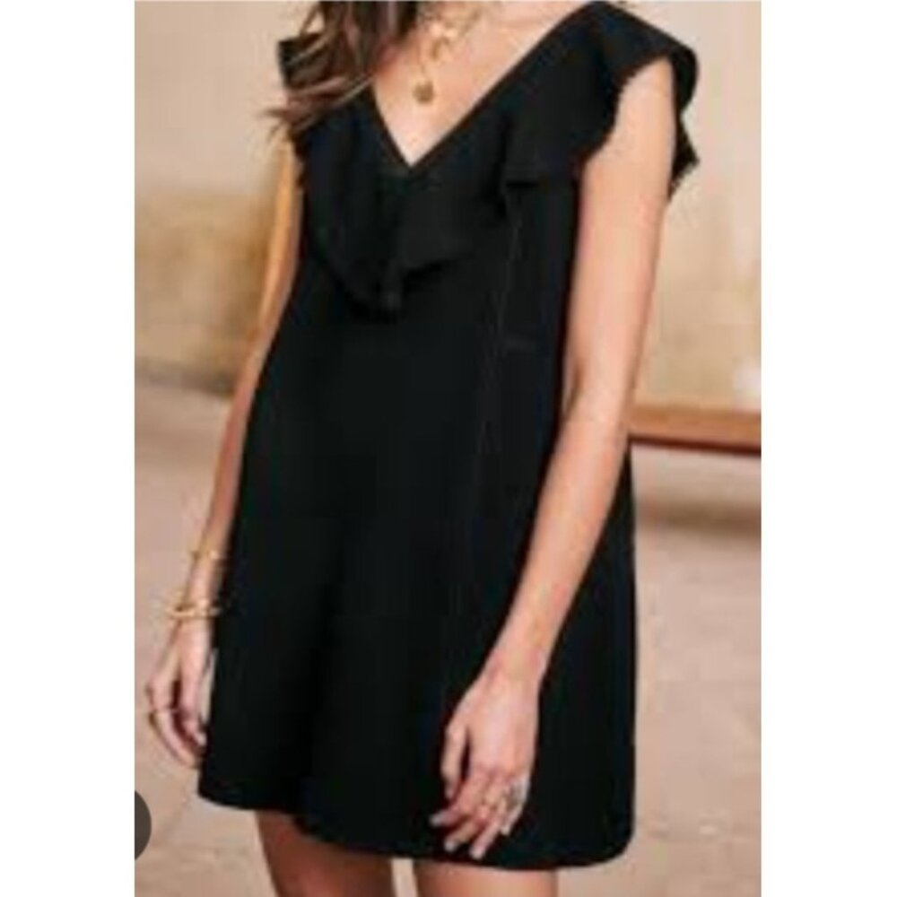 Sézane Black Sleeveless Ruffle V-Neck Dress Size 40 / M Elegant Parisian Style - Picture 4 of 10